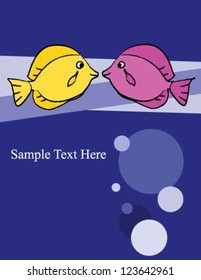 yellow and pink fish with blue background and bubbles