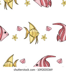 Yellow and pink fish, seashells, seamless color pattern on white background, sketches hand drawing, vector illustration