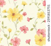 Yellow and pink floral pattern on a cream background, watercolor flower seamless pattern. Watercolor print in rustic vintage style, textile or wallpapers.