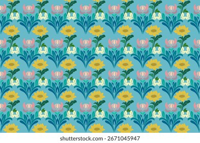 Yellow and pink floral pattern on a blue background
