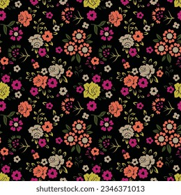Yellow Pink Floral repeat pattern on black background digital textile design for wallpaper screen print block print rotary flatbed floral pattern vector format cadded design