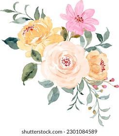 Yellow pink floral watercolor bouquet for background, wedding, fabric, textile, greeting, card, wallpaper, banner, sticker, decoration etc.