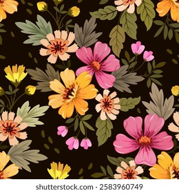 Yellow  and pink flowers with green leaf on brown color background seamless pattern for fabric textile wallpaper.