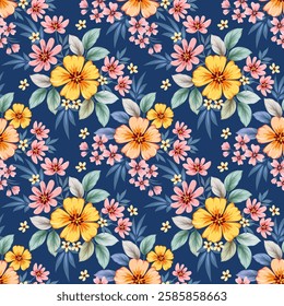 Yellow  and pink flowers with green leaf on blue color background pattern for fabric textile wallpaper.