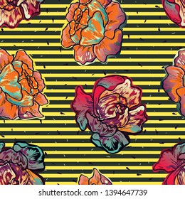 Yellow and pink flowers peonies pattern. Floral seamless pattern with blue peony flowers on a dark background. Vintage background with peonies and roses