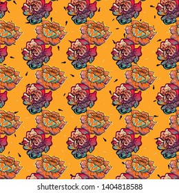 Yellow and pink flowers peonies pattern. Floral seamless pattern with blue peony flowers on a dark background. Vintage background with peonies and roses