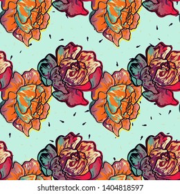 Yellow and pink flowers peonies pattern. Floral seamless pattern with blue peony flowers on a dark background. Vintage background with peonies and roses