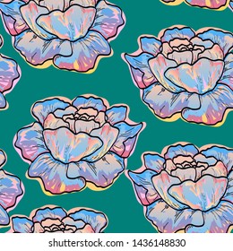 Yellow and pink flowers peonies pattern. Floral seamless pattern with blue peony flowers on a dark background. Vintage background with peonies and roses