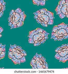 Yellow and pink flowers peonies pattern. Floral seamless pattern with blue peony flowers on a dark background. Vintage background with peonies and roses