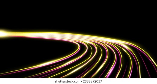 Yellow and pink glowing speed stripes. Traces of movement of a car. Night city lighting with long exposure. Abstract vector illustration isolated on black background. 