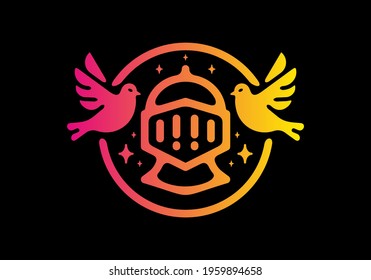 Yellow pink gradient color of bird and warrior helmet design
