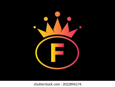 Yellow pink gradient color of F initial letter in oval shape with crown design