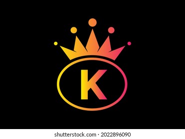 Yellow pink gradient color of K initial letter in oval shape with crown design