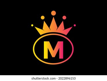 Yellow pink gradient color of M initial letter in oval shape with crown design