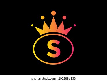 Yellow pink gradient color of S initial letter in oval shape with crown design