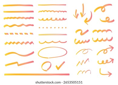 Yellow and pink gradient marker lines and doodles of various thicknesses