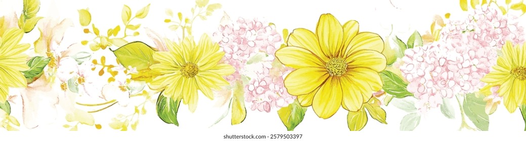 yellow pink green flower watercolorillustration vector seamless pattern
