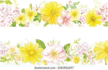 yellow pink green flower watercolorillustration vector seamless pattern