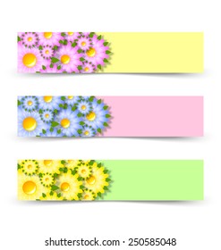 Yellow, pink and green spring floral banners on white background