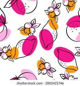 Yellow and Pink Lemon Vector White Seamless Pattern. Drawing Fruit Print. Bright Citrus and Blueberry Summer Wallpaper.