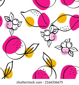 Yellow and Pink Lemon Vector White Seamless Pattern. Cartoon Fruit Texture. Color Apricot and Lime Summer Illustration.