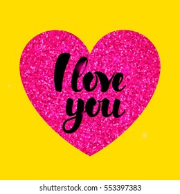 Yellow Pink I Love You. Vector Illustration of Valentines Day Greeting Postcard with Calligraphy.