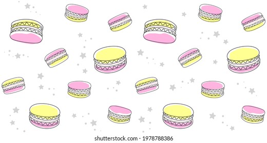 Yellow and pink macaroons and small stars on a white. Endless texture with French sweet pastries. Vector seamless pattern for bakery, sweet shop, pastry shop, confectionery, wrapping paper, packaging