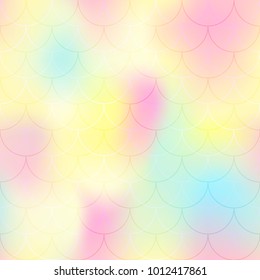Yellow pink mermaid scale vector background. Candy color iridescent background. Fish scale pattern. Seamless pattern swatch. Holographic gradient. Mermaid skin seamless pattern. Blurry color texture