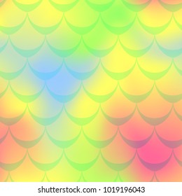 Yellow pink mermaid vector background. Multicolored iridescent background. Fish scale pattern. Seamless pattern swatch. Holographic gradient. Mermaid skin seamless pattern. Mermaid wrapping paper