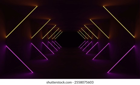 Yellow Pink Neon Futuristic Black Tunnel. Abstract light tech background.