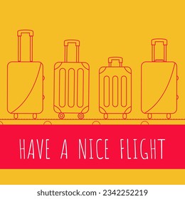 yellow pink outline vector vacation holiday background illustration. different luggage bag line on carousel. suitcase on conveyor belt. Baggage claim at terminal airport travel bags art flat design 