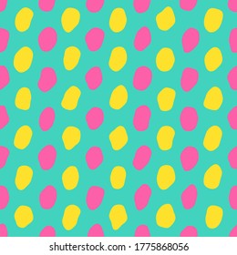 Yellow and pink ovals seamless pattern on a bright turquoise background. Trendy geometric pattern with paint blobs in flat hand drawn style. Vector illustration.