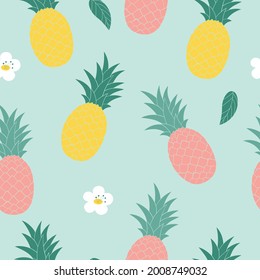 Yellow, pink pineapples on a blue background. Seamless pattern for background, fabric printing, wrapping paper, phone case, wallpaper. Vector summer illustration