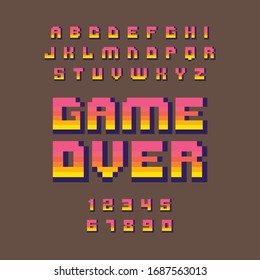 Yellow Pink pixel game font. Retro games text, 90s gaming alphabet and 8 bit computer graphic letters. Vector letters and numbers.