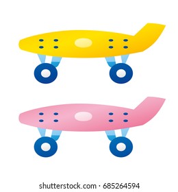Yellow and pink plastic penny cruiser skateboard isolated