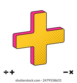 Yellow and Pink Plus Halftone Icons, Isometric Mathmatic graphic elements in Flat style, Positive mood isolate vector for education(Editable)