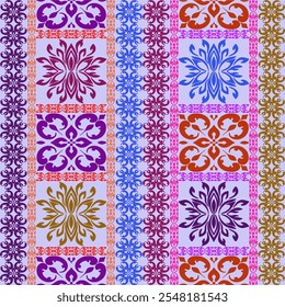 ชื่อBlue, Yellow and Pink Portuguese Azulejo Seamless Pattern. Moroccan Ceramic Tile. Vector Lisbon Arabic Floral 