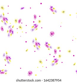 Yellow, pink, purple little flowers randomly scattered on white background in modern style. Vector seamless pattern for holiday card design, spring background for Happy Easter.