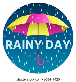 Yellow and pink realistic umbrella. Open umbrella with rain drops and text rainy day. Vector illustration