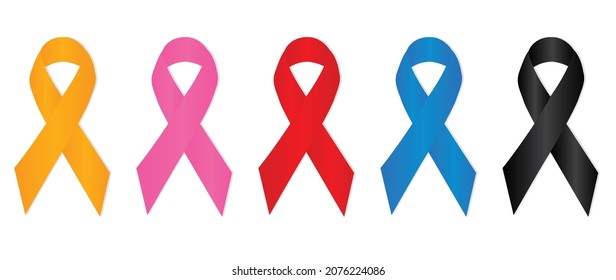 Yellow, pink, red, blue and black ribbons isolated on white background