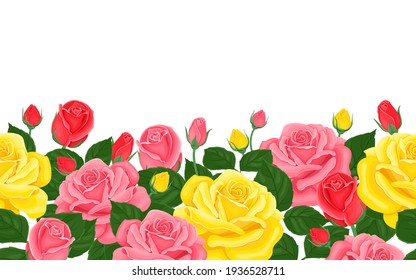 Yellow, pink and red roses seamless border. Vector cartoon flat  ​illustration of beautiful blooming flowers, buds and green leaves. Horizontal floral frame.