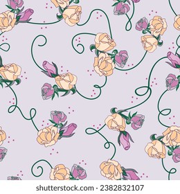 Yellow and pink roses and rose buds connected with a green vine scattered across a lavender background creating a vector seamless repeat pattern design.