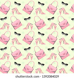 Yellow and pink seamless pattern with bags, high heels and sun glasses