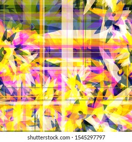 Yellow and pink seamless texture with petals and plaid pattern. Abstract vector background for web page, banners backdrop, fabric, home decor, wrapping