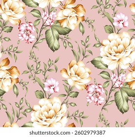 yellow and pink seamless vector stock flowers with green leaves pattern on background