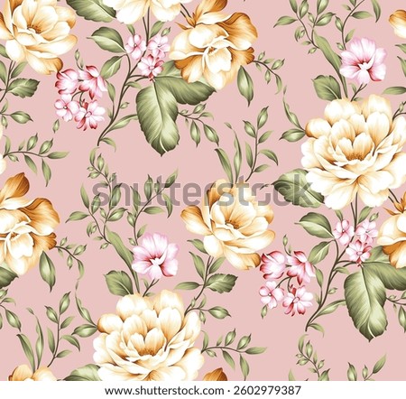 yellow and pink seamless vector stock flowers with green leaves pattern on background