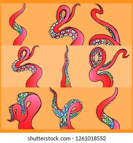 Yellow pink set of tentacles of an octopus frame, ocean motive flat cute cartoon illustration for web and print, cute decoration. 