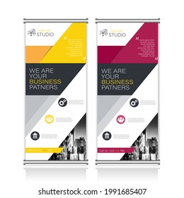 yellow and pink smart roll up banner design, modern colors.