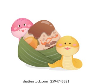 Yellow and pink snake cartoon mascot with steamed glutinous rice, Chinese food zongzi