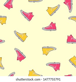 yellow and pink sneakers theme vector seamless pattern. For textile print and other uses
